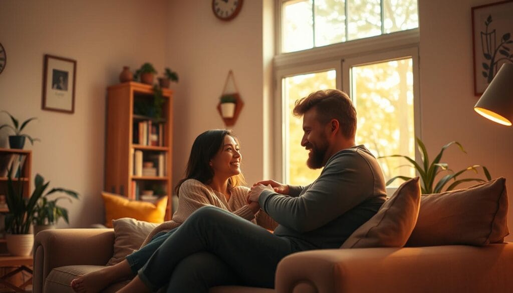 A cozy living room scene bathed in warm, soft lighting. In the foreground, a couple sits comfortably on a plush sofa, their bodies angled towards each other, engaged in an intimate conversation. Gentle smiles play on their faces, conveying a sense of deep connection and understanding. In the middle ground, a bookshelf stands tall, filled with volumes that hint at a shared love of knowledge and intellectual pursuits. The background features a large window, allowing natural light to filter in and create a serene, calming atmosphere. Potted plants and soothing artwork adorn the walls, adding to the overall sense of harmony and emotional well-being. A cozy living room scene bathed in warm, soft lighting. In the foreground, a couple sits comfortably on a plush sofa, their bodies angled towards each other, engaged in an intimate conversation. Gentle smiles play on their faces, conveying a sense of deep connection and understanding. In the middle ground, a bookshelf stands tall, filled with volumes that hint at a shared love of knowledge and intellectual pursuits. The background features a large window, allowing natural light to filter in and create a serene, calming atmosphere. Potted plants and soothing artwork adorn the walls, adding to the overall sense of harmony and emotional well-being.