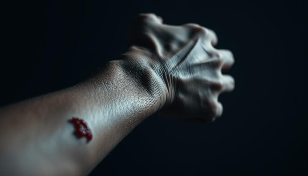 A detailed close-up shot of a person's arm, revealing scars and fresh cuts on the skin. The lighting is soft and dramatic, creating a somber and introspective mood. The background is blurred, keeping the focus on the foreground. The image conveys a sense of emotional distress and the internal struggle of someone dealing with self-harm. The composition emphasizes the vulnerability and raw, personal nature of the subject matter. A detailed close-up shot of a person's arm, revealing scars and fresh cuts on the skin. The lighting is soft and dramatic, creating a somber and introspective mood. The background is blurred, keeping the focus on the foreground. The image conveys a sense of emotional distress and the internal struggle of someone dealing with self-harm. The composition emphasizes the vulnerability and raw, personal nature of the subject matter.