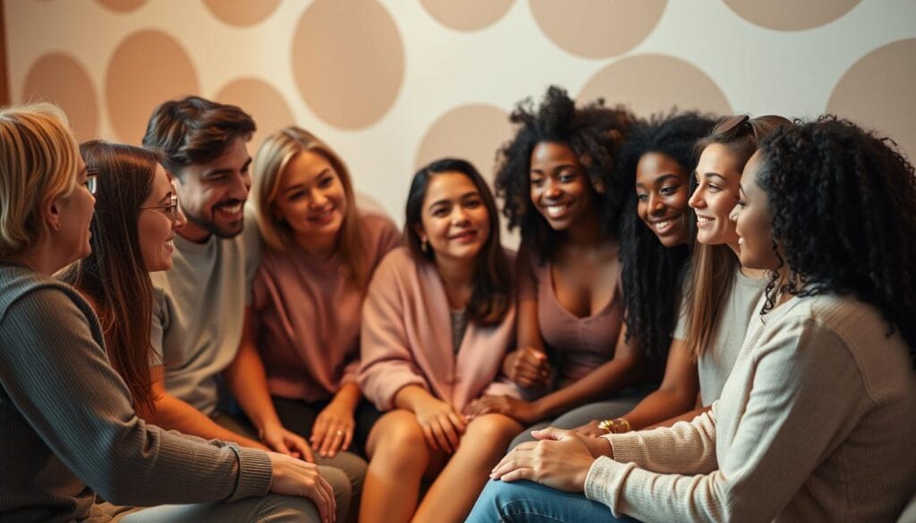 A group of diverse individuals gathered in a warm, inviting space, their expressions conveying empathy and support. Soft lighting casts a comforting glow, as they sit in a circle, sharing their experiences and listening intently. The background features soothing, abstract patterns, creating a sense of calm and safety. The overall atmosphere reflects the importance of peer-to-peer support in the journey of recovery from self-harm. A group of diverse individuals gathered in a warm, inviting space, their expressions conveying empathy and support. Soft lighting casts a comforting glow, as they sit in a circle, sharing their experiences and listening intently. The background features soothing, abstract patterns, creating a sense of calm and safety. The overall atmosphere reflects the importance of peer-to-peer support in the journey of recovery from self-harm.